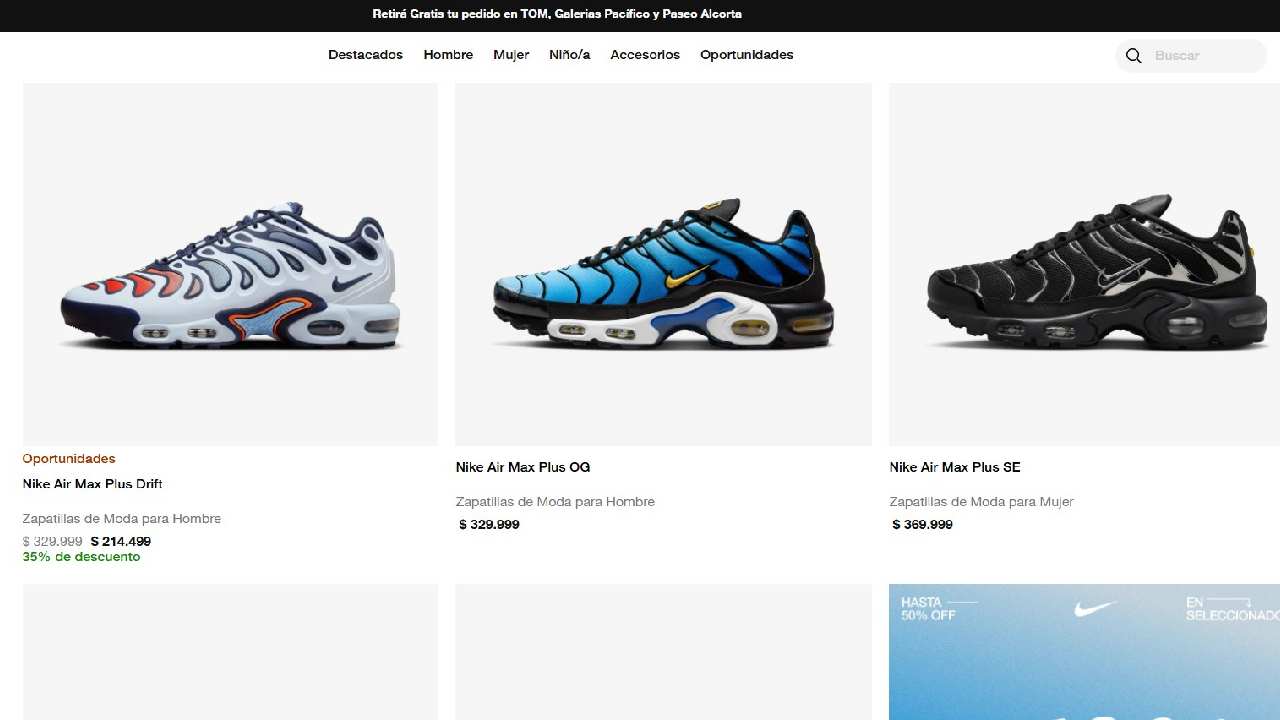 Un par de zapatillas Nike Air Max Plus cuestan desde 214.499 pesos