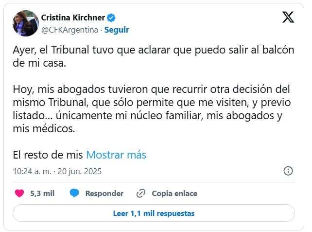 Cristina Kirchner se quejó por el manejo de las visitas que le impuso la Justicia 