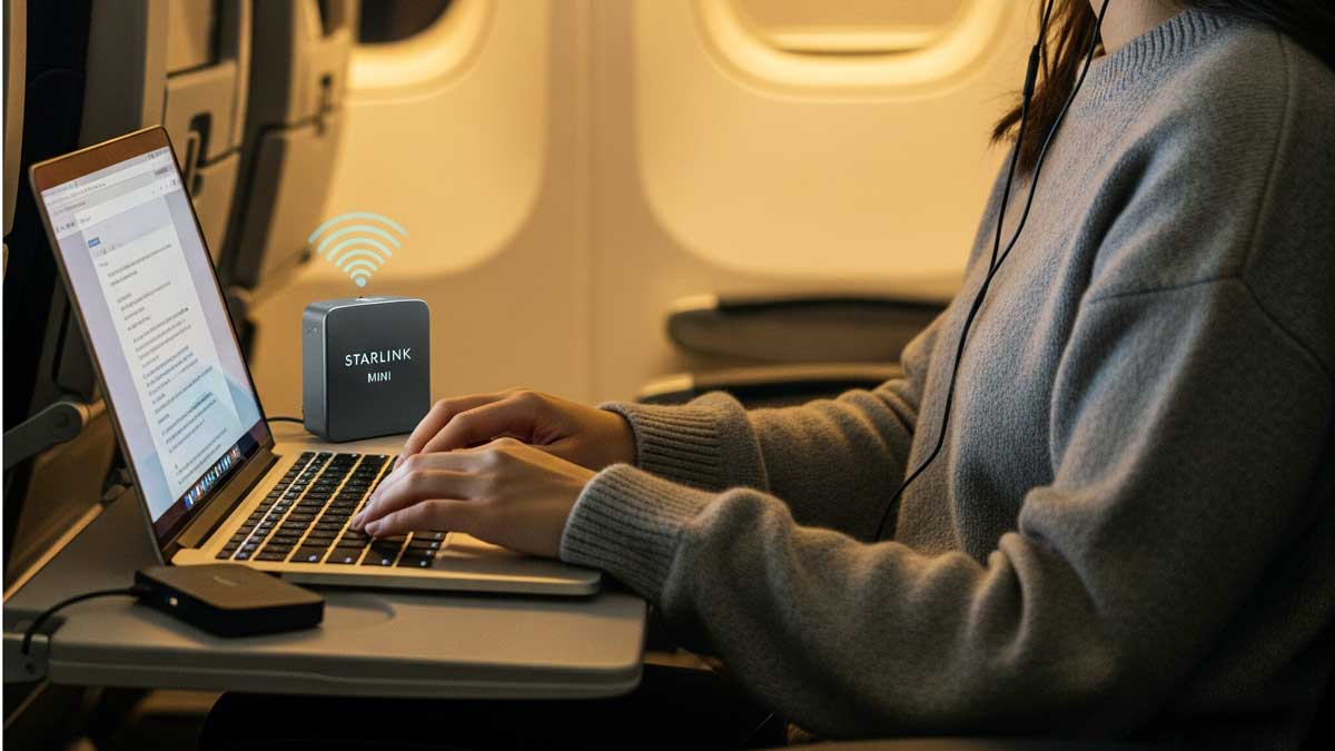 Starlink Mini en un avión. Imagen creada con inteligencia artificial.