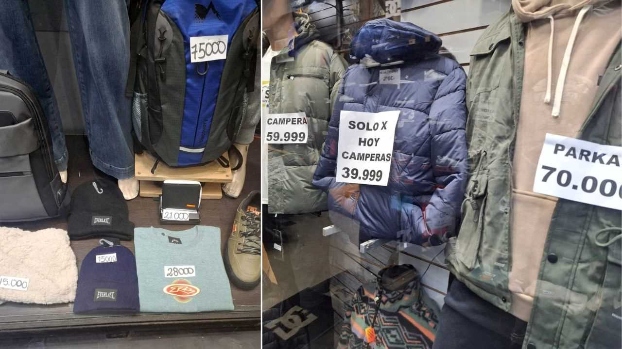 Algunas camperas y buzos que se venden con descuento, en un local de la calle Florida