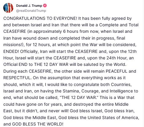 El mensaje de Donald Trump en el que anunció un alto el fuego entre Irán e Israel