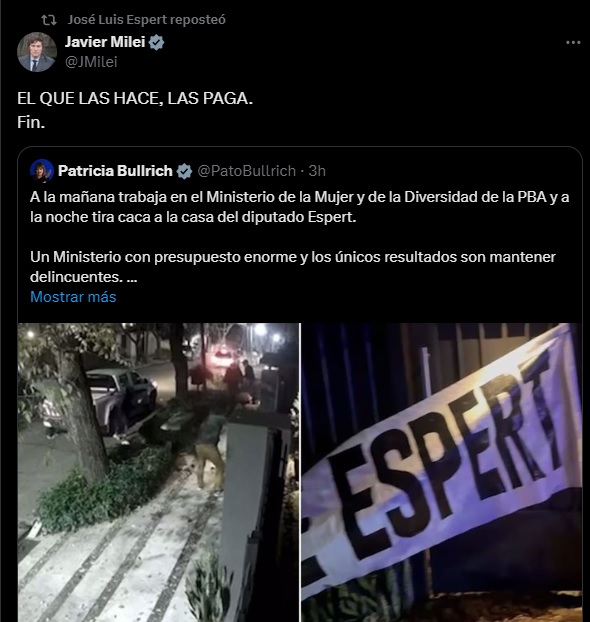 El mensaje de Patricia Bullrich sobre la detención fue reposteado por Javier Milei