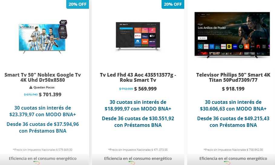 Algunos de los televisores en oferta y con posibilidad de comprar en 30 cuotas sin interés