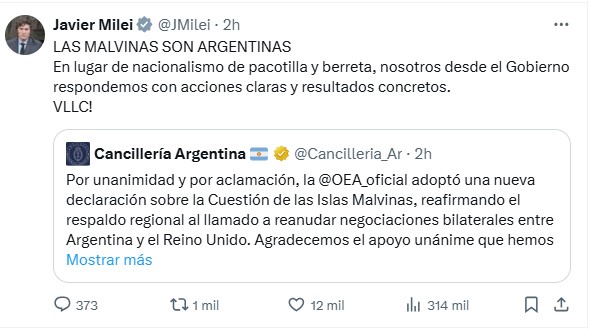 El mensaje de Javier Milei tras la noticia de que la OEA respaldó el reclamo argentino por Malvinas