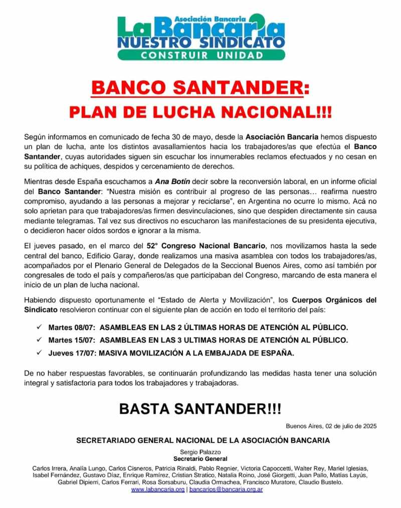 El comunicado de La Bancaria por la situación en el Banco Santander