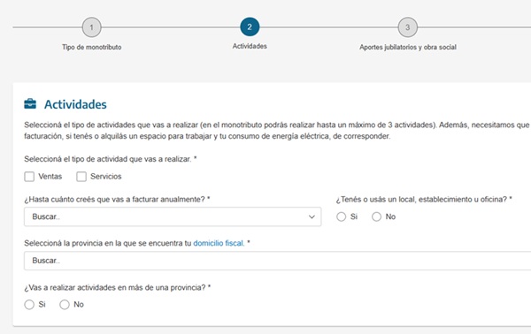 Simulador Monotributo ARCA: indicar la actividad