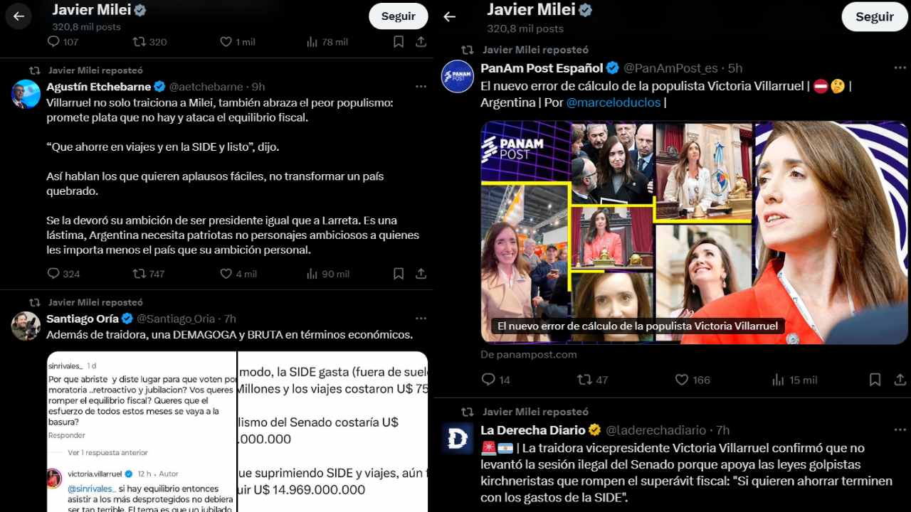 Parte de los posteos que compartió Milei en su cuenta de X (Twitter)