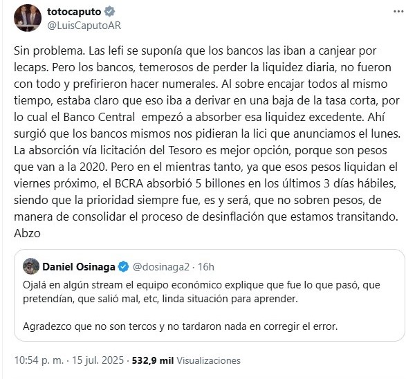 El mensaje de Luis Caputo en X