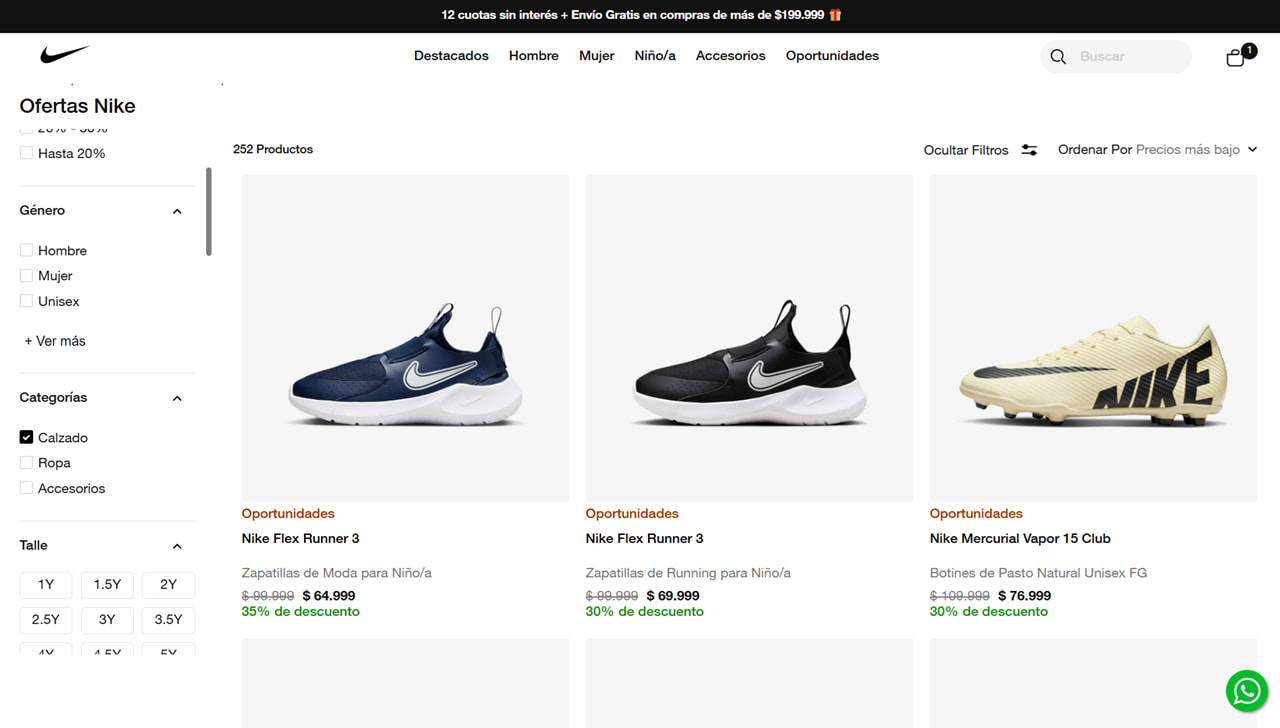 Nike vende zapatillas, mochilas, botines y accesorios baratos en su outlet online.