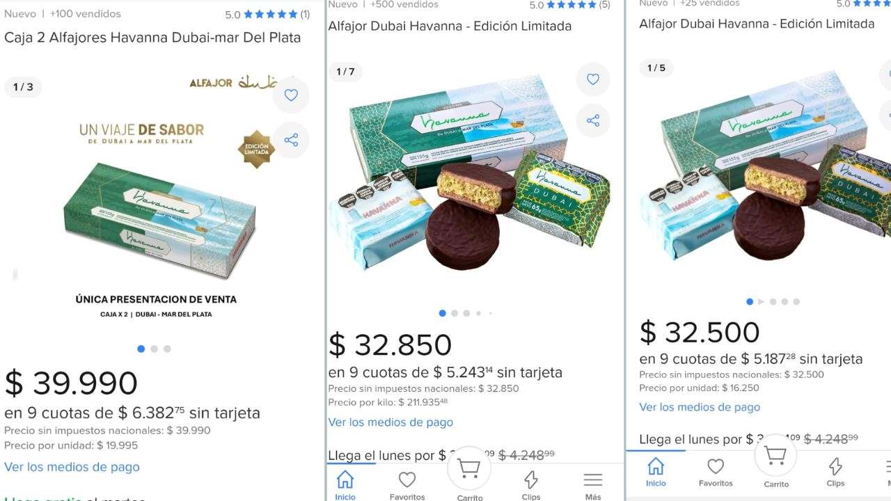 Agotado en tiendas, el alfajor Havanna Dubai ya se revende en Mercado Libre