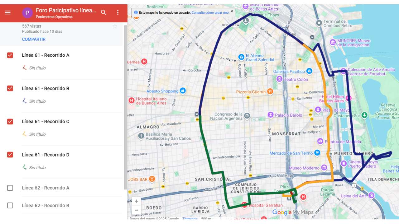 Los distintos nuevos recorridos que tendría la línea 61 en CABA