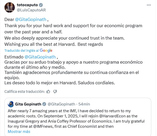 El mensaje de Luis Caputo sobre la salida de Gita Gopinath, la número 2 del FMI