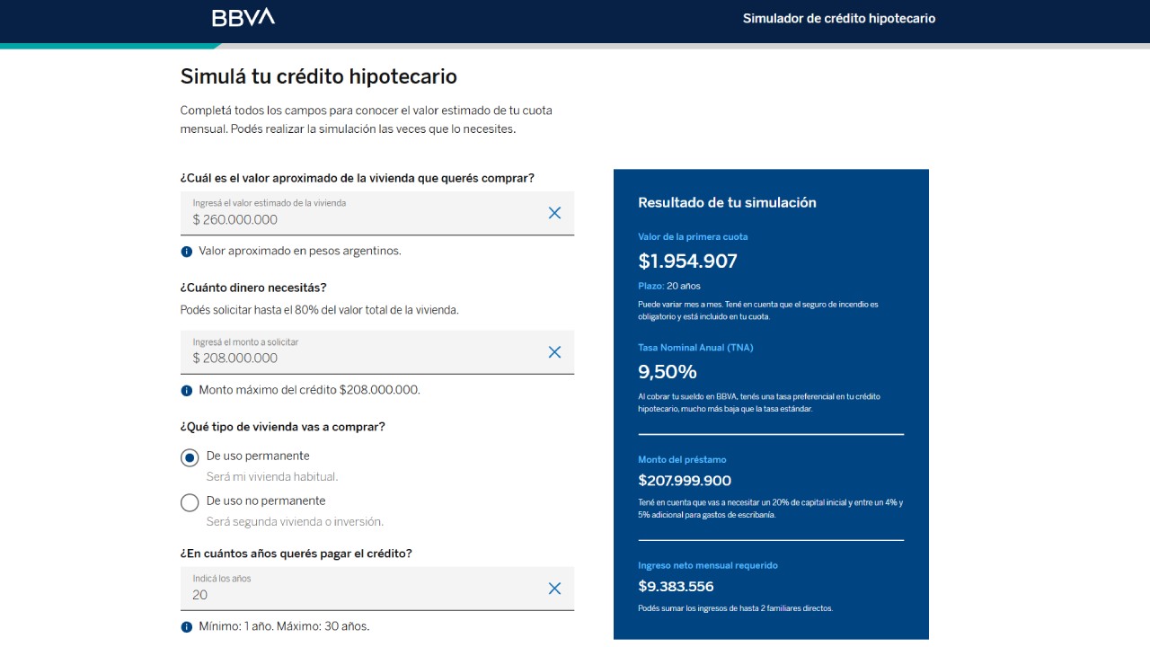 Así se ve el simulador de créditos hipotecarios del BBVA