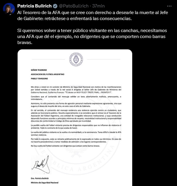 El mensaje de Patricia Bullrich contra Pablo Toviggino, el tesorero de la AFA
