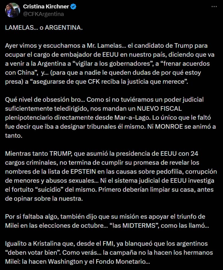 Parte de la publicación de Cristina Kirchner sobre Peter Lamelas, futuro embajador de EE. UU.