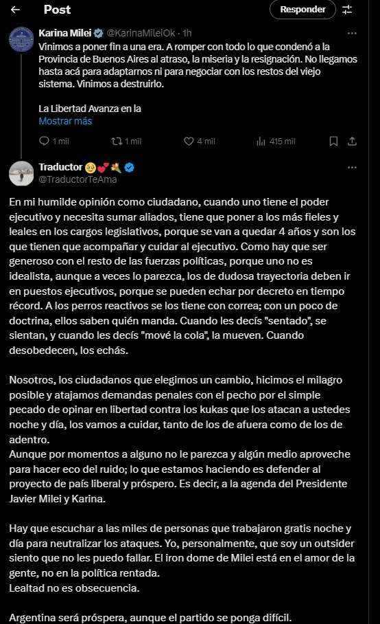 El mensaje del tuitero libertario en respuesta a Karina Milei
