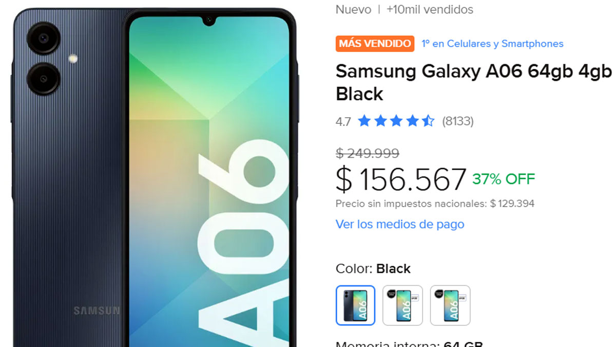 El Galaxy A06 ocupa habitualmente el primer lugar entre los celulares más vendidos en Mercado Libre.