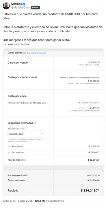 El desglose viral sobre cuánto te retienen Mercado Libre y el Estado por vender online: cuánto te queda image placeholder