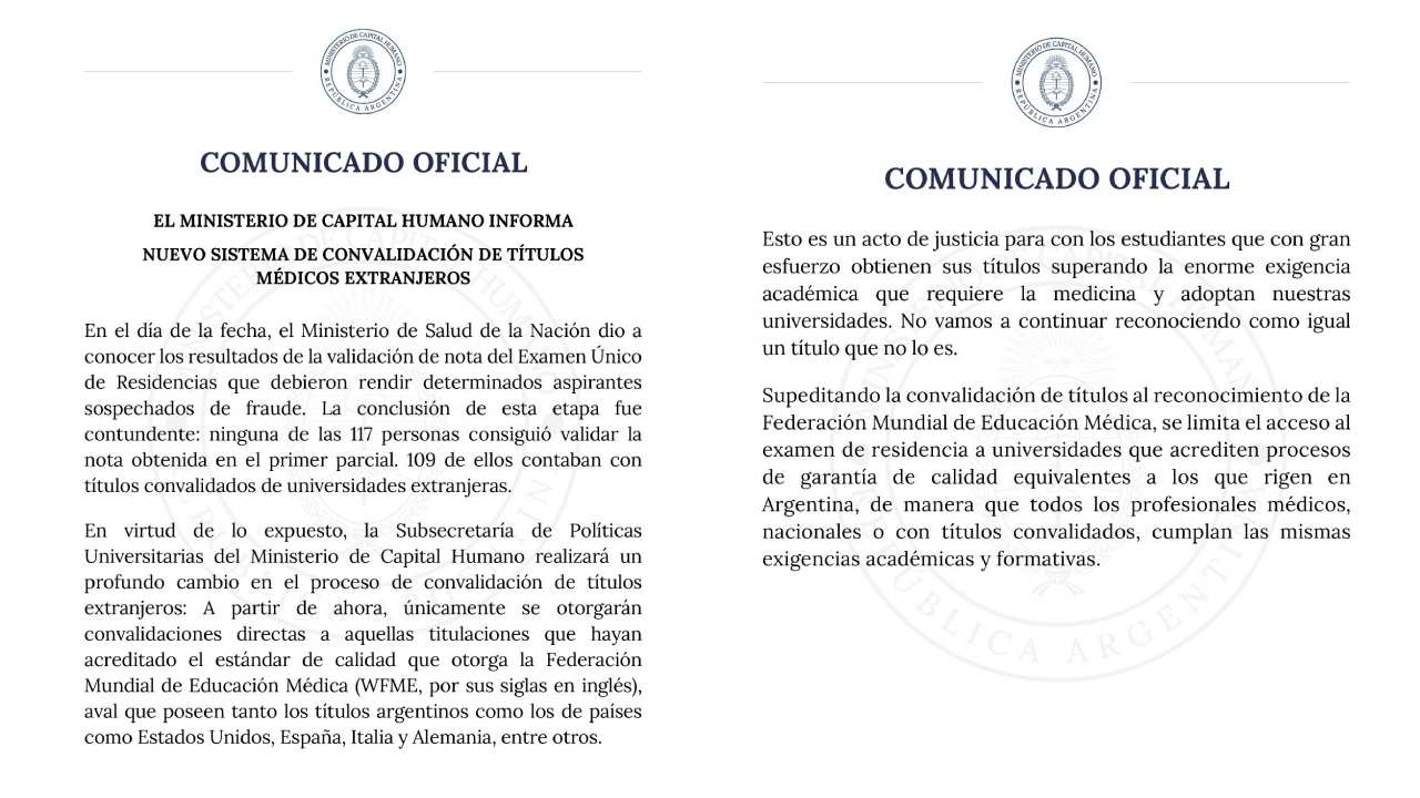 El comunicado de Capital Humano respecto de los cambios en Medicina