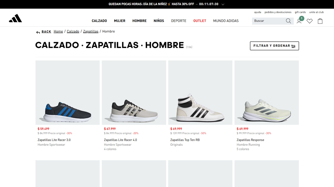 Adidas vende zapatillas baratas en su outlet online.