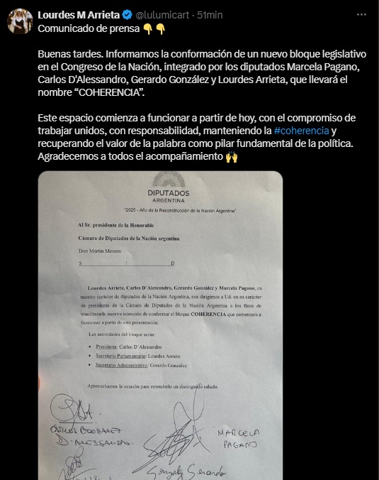El mensaje de Lourdes Arrieta para anunciar el nuevo bloque en Diputados