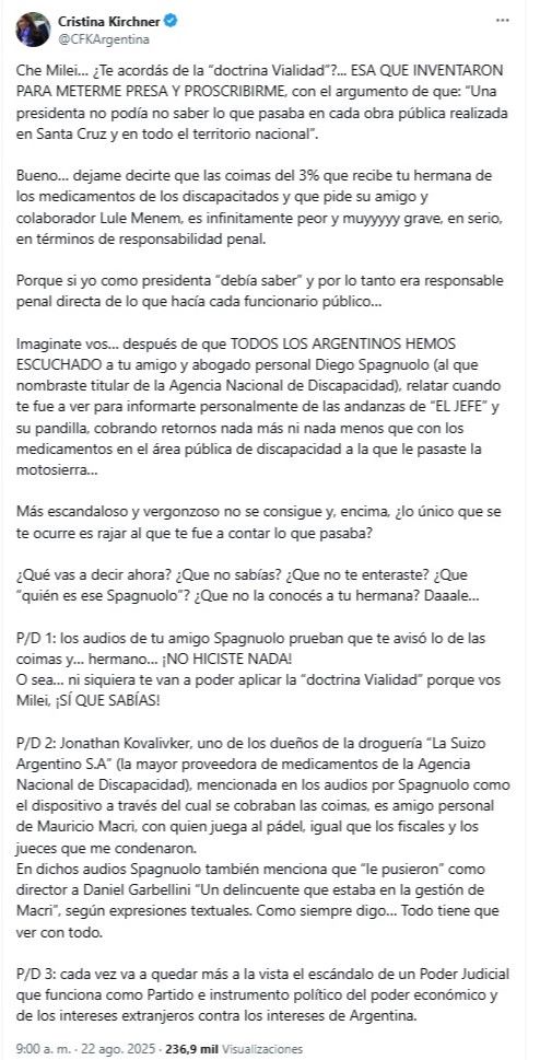 El tuit de Cristina Kichner contra Javier Milei