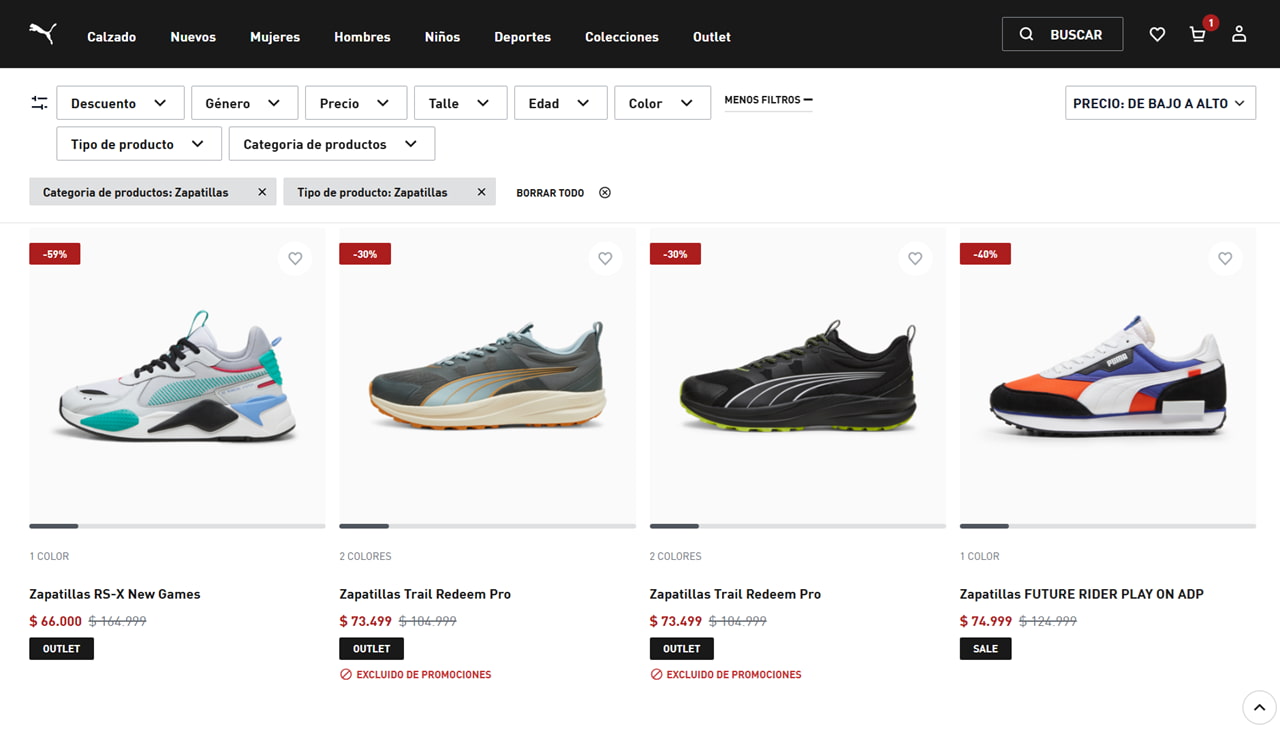 Las zapatillas más baratas disponibles en el outlet online de Puma valen 66.000 pesos.