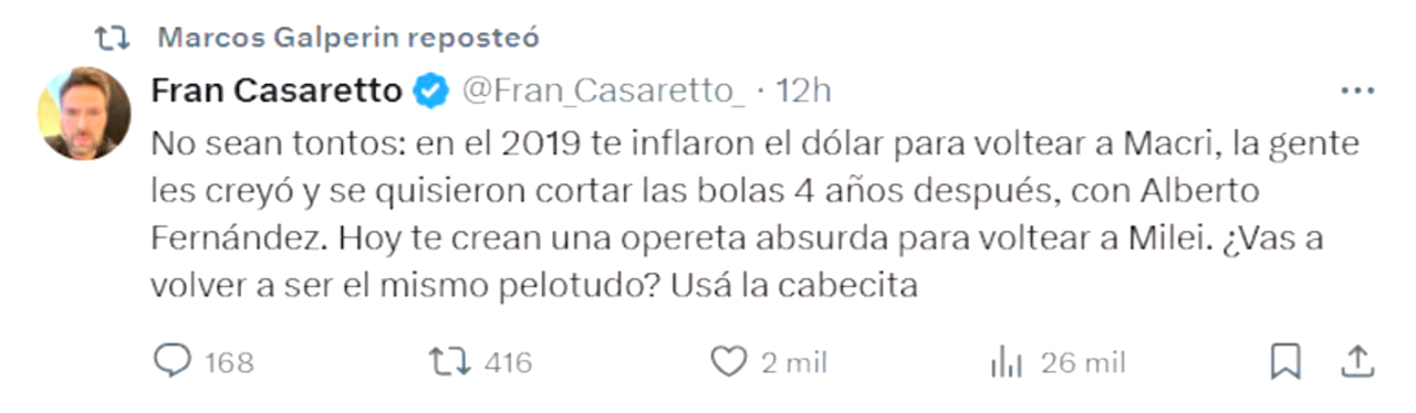 El tuit que reposteó Galperin, tras el escándalo por presunta corrupción que salpica al Gobierno.