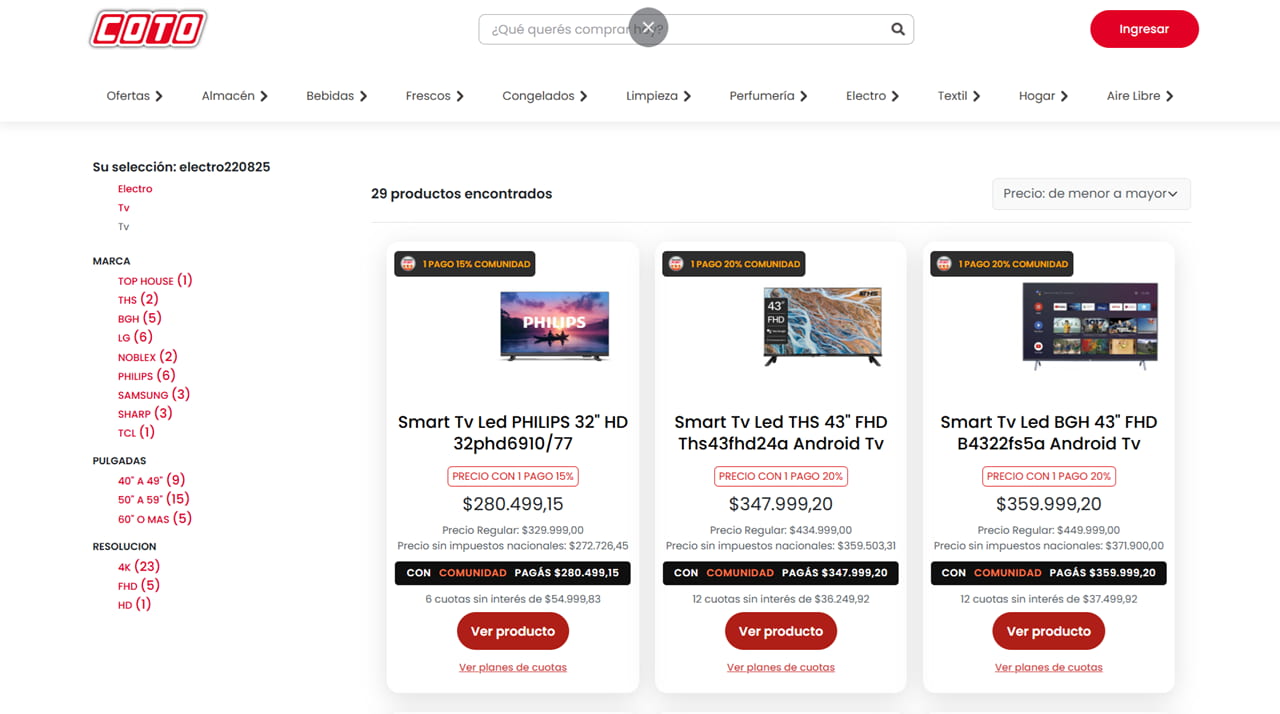 Supermercado Coto vende electrodomésticos online, a domicilio, en cuotas y con descuento.