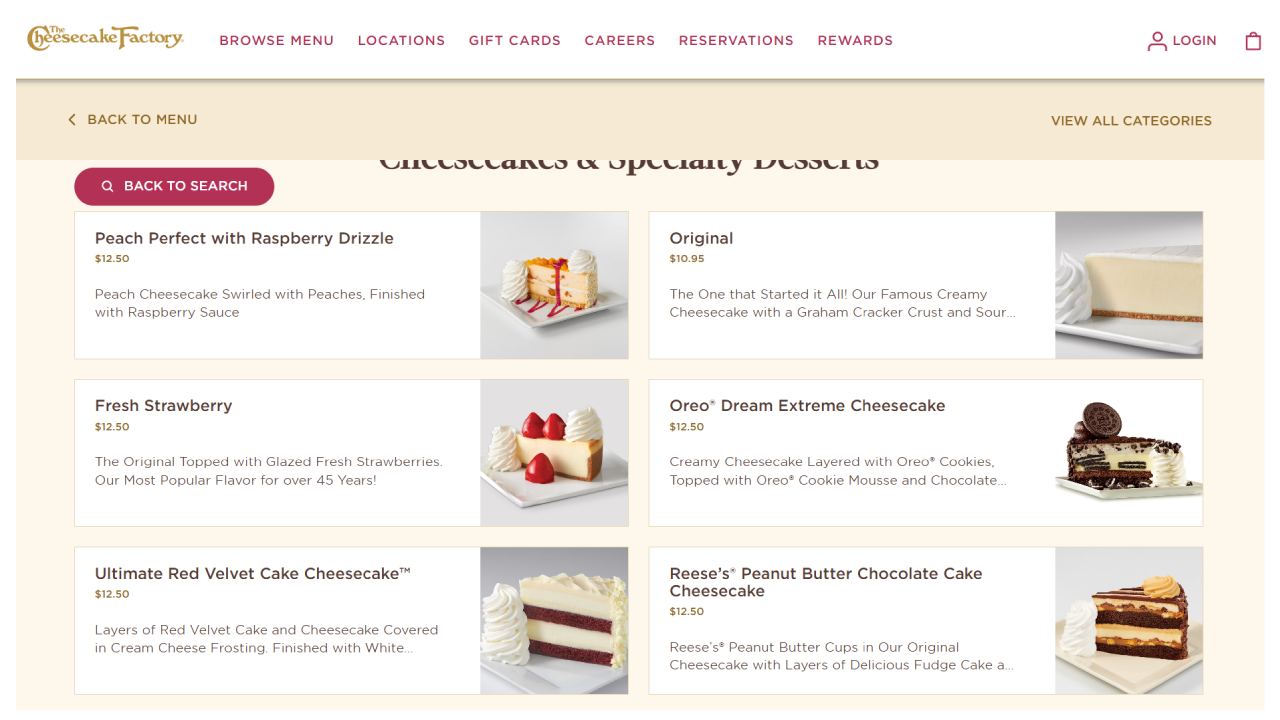 Algunos precios (en dólares) de las porciones de torta de The Cheesecake Factory en Estados Unidos