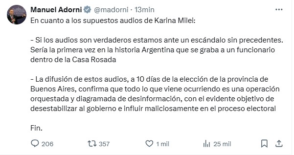 El mensaje de Manuel Adorni tras los audios de Karina Milei