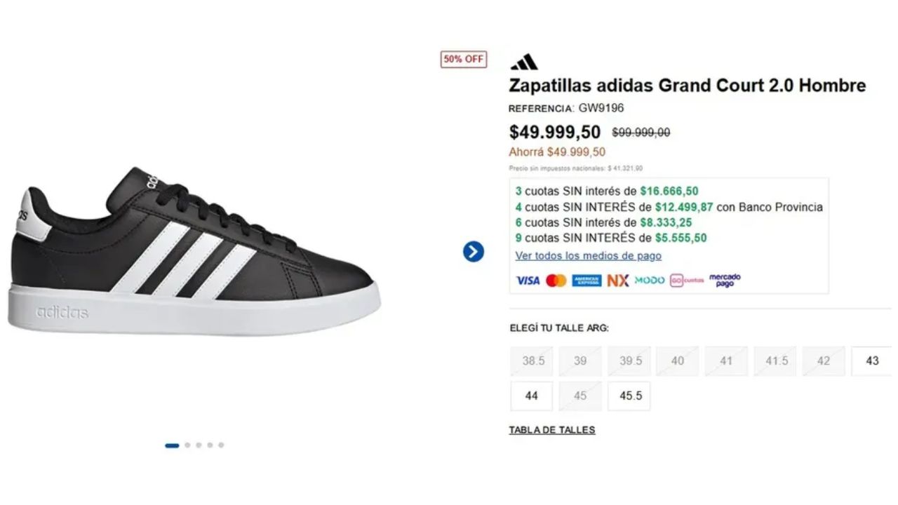 Se consiguen zapatillas Adidas Grand Court 2.0 para hombre a $49.999,50