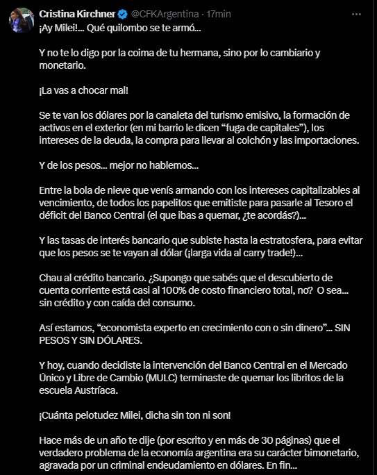El mensaje de Cristina Kirchner a Javier Milei tras la intervención en el dólar