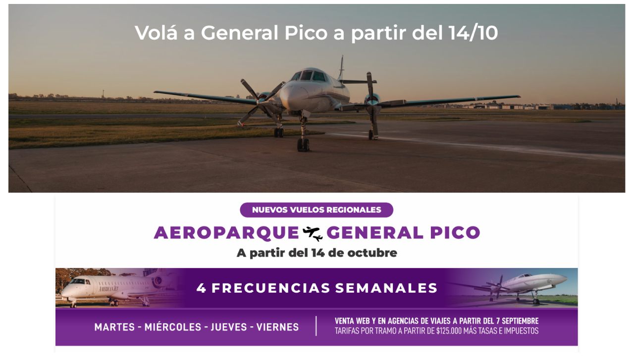 American Jet ya comenzó a promocionar sus vuelos entre Aeroparque y General Pico
