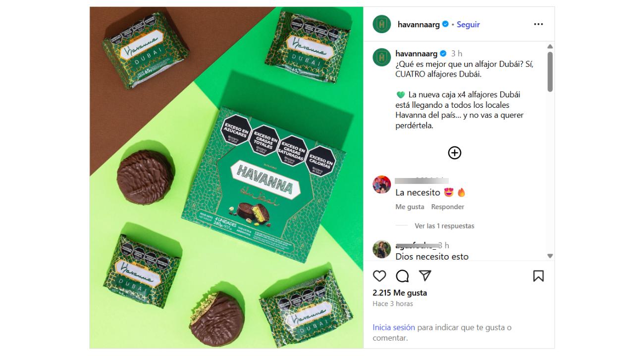 El posteo de Havanna sobre la nueva caja de cuatro unidades del Alfajor Dubai de pistacho