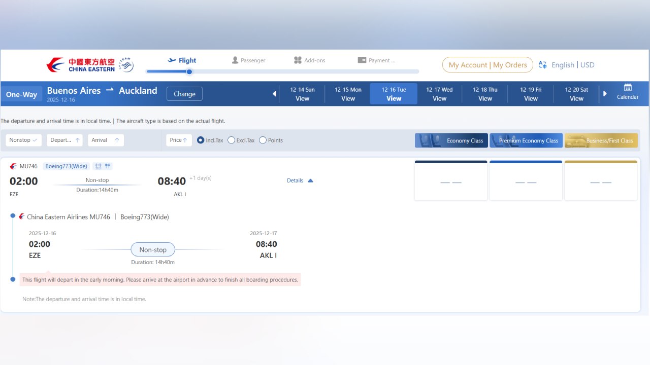 La web de China Eastern ya muestra el vuelo de Ezeiza a Shanghai via Auckland, pero sin precios 