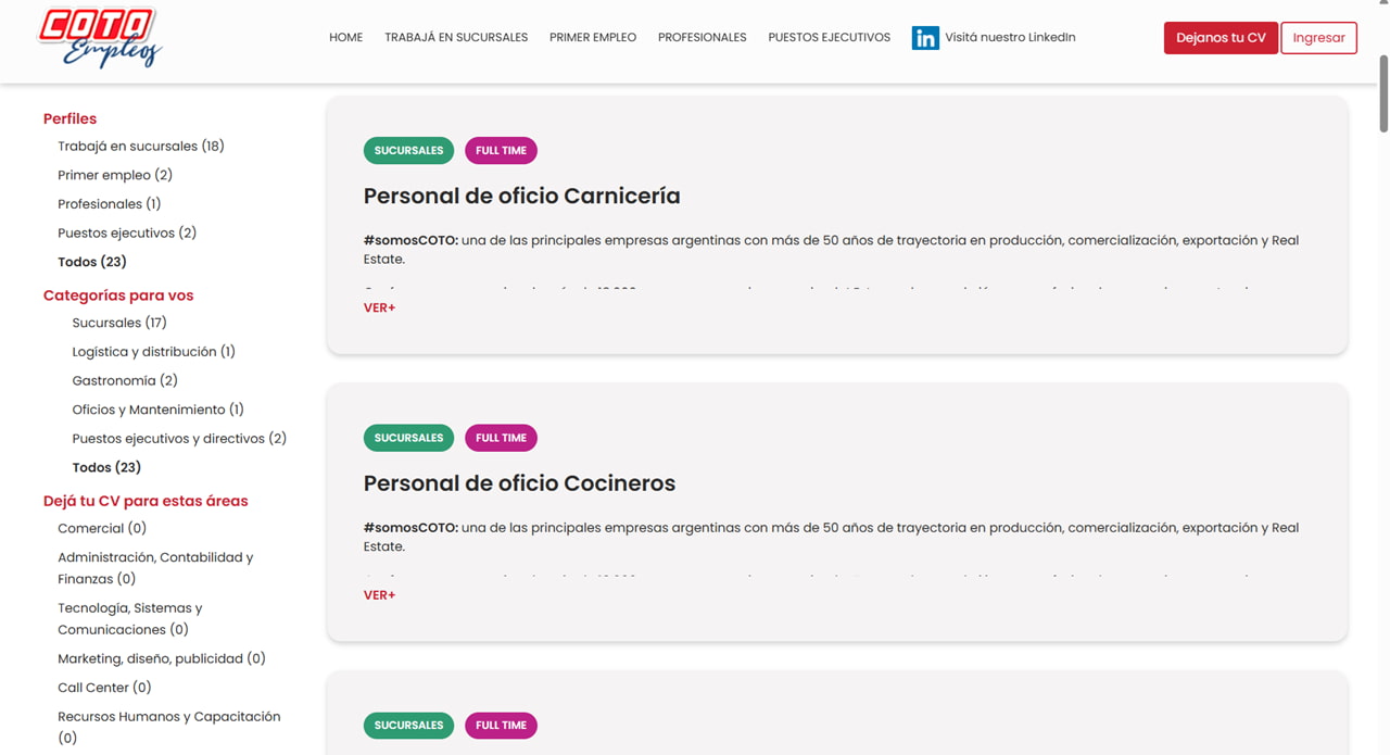 Supermercado Coto cuenta con 23 vacantes laborales disponibles hoy (para sucursales y oficinas).