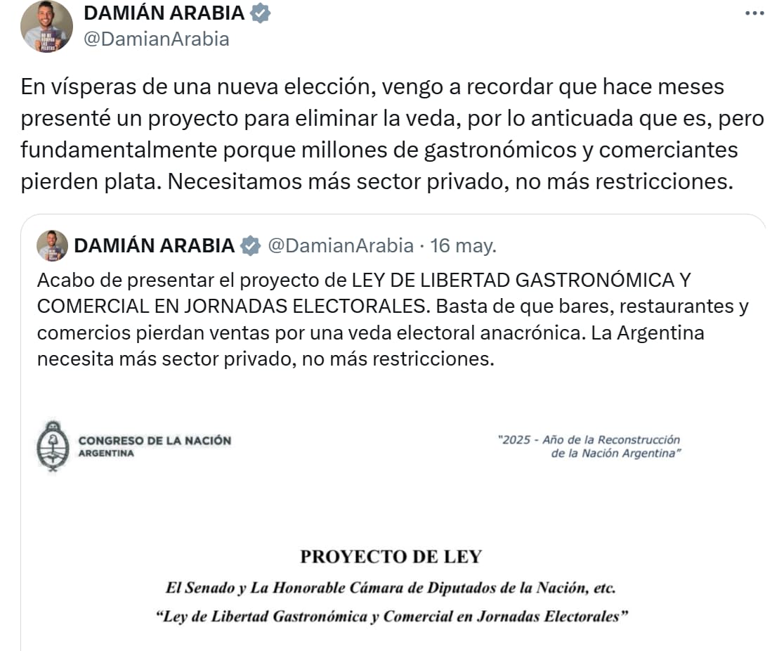El diputado Damián Arabia insiste en eliminar la veda electoral. La considera 'anticuada'.
