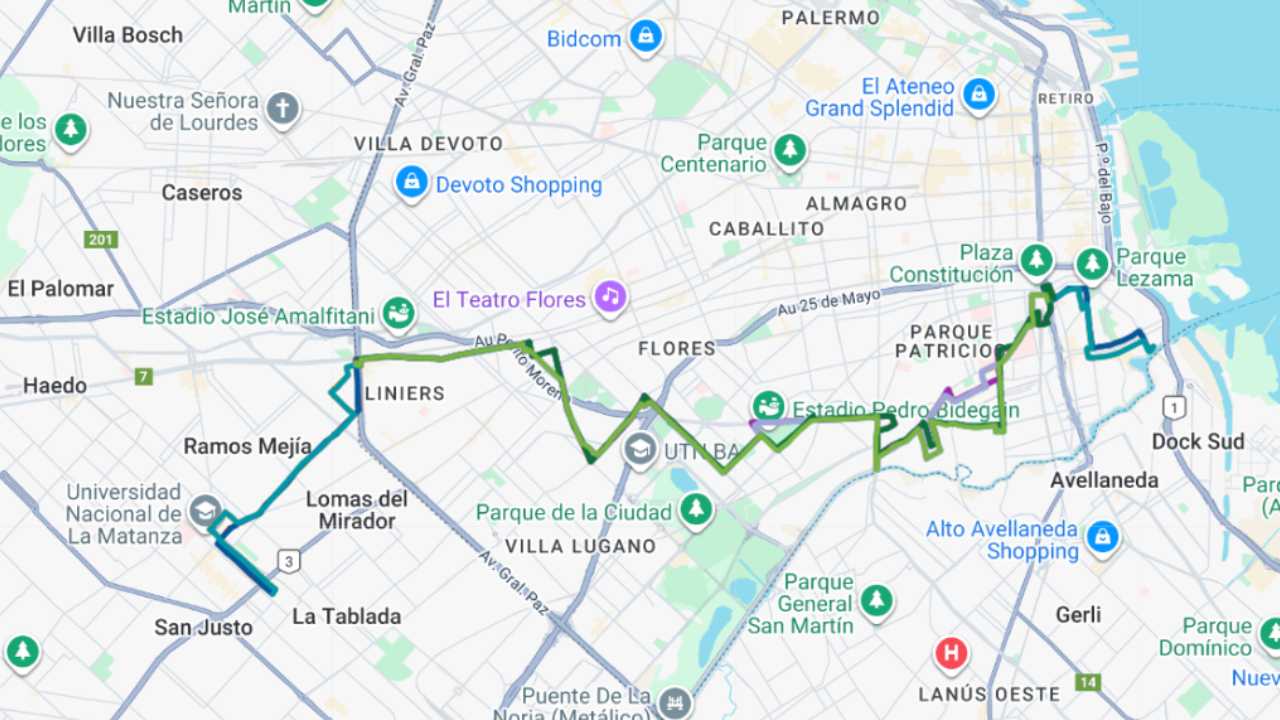 Así quedaría el mapa con los distintos recorridos de la línea 46