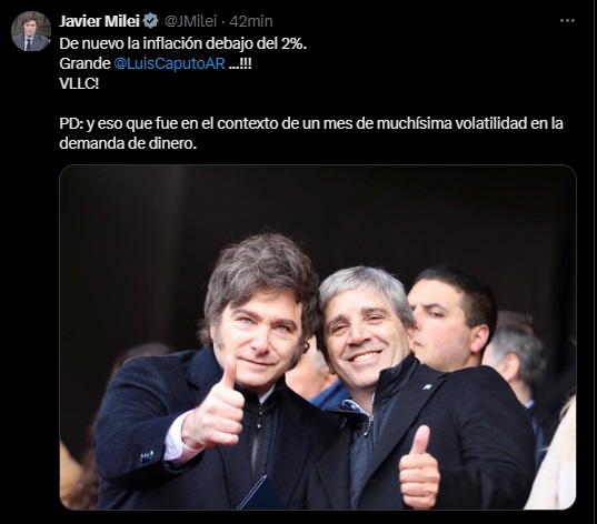 El mensaje de Javier Milei a Luis Caputo tras el dato de inflación