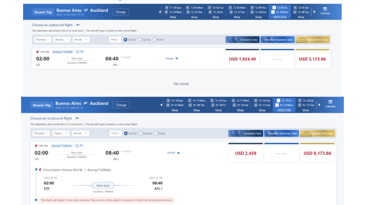 La opción más barata para volar de Ezeiza a Auckland se encuentra por menos de 2000 dólares
