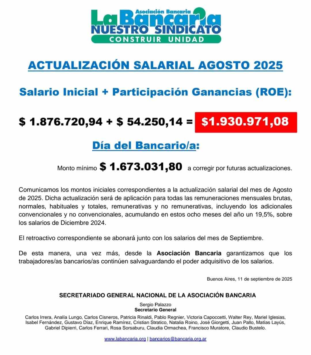 Los bancarios cerraron nuevo aumento de sueldo para septiembre