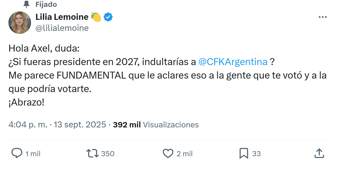 Lilia Lemoine presionó a Axel Kicillof, a través de X.