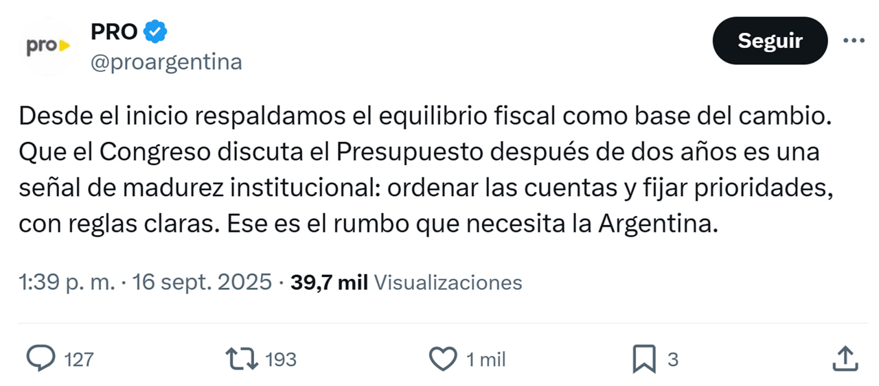 Postura del PRO sobre Presupuesto 2026.