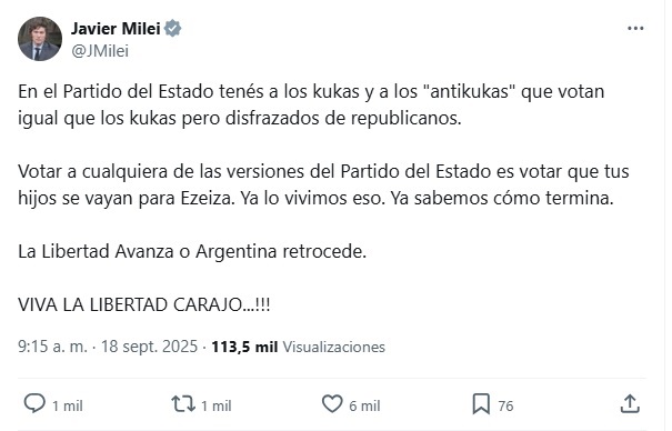 El tuit de Milei contra la oposición