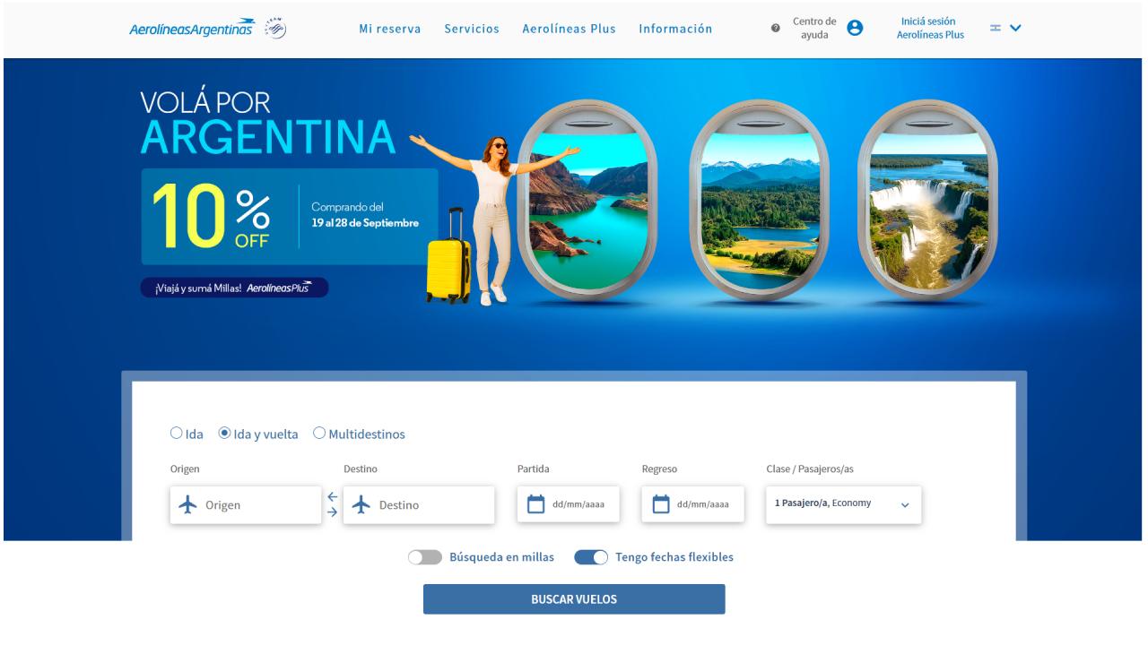 El sitio web de Aerolíneas Argentinas promociona el descuento para volar por todo el país