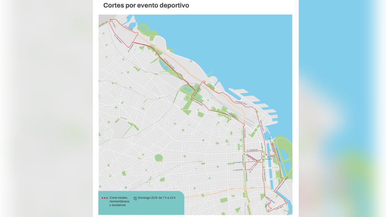 El mapa que compartió el gobierno porteño con los cortes de calle por la Maratón de Buenos Aires