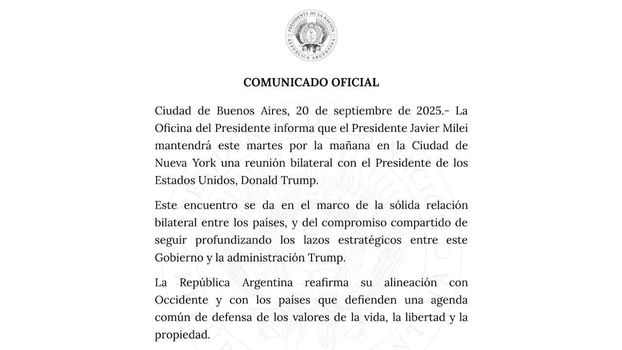 El comunicado oficial anunciando la reunión entre Milei y Trump, este martes en Nueva York