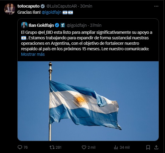 El mensaje de Luis Caputo sobre el anuncio del BID