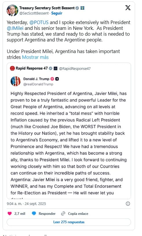 Apoyo financiero de EE. UU. a Argentina: línea de swap y compra de deuda en negociación